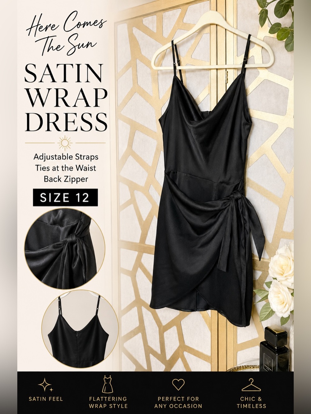 Here Comes The Sun Black Satin Wrap Dress Size L Adjustable Straps Mini Dress